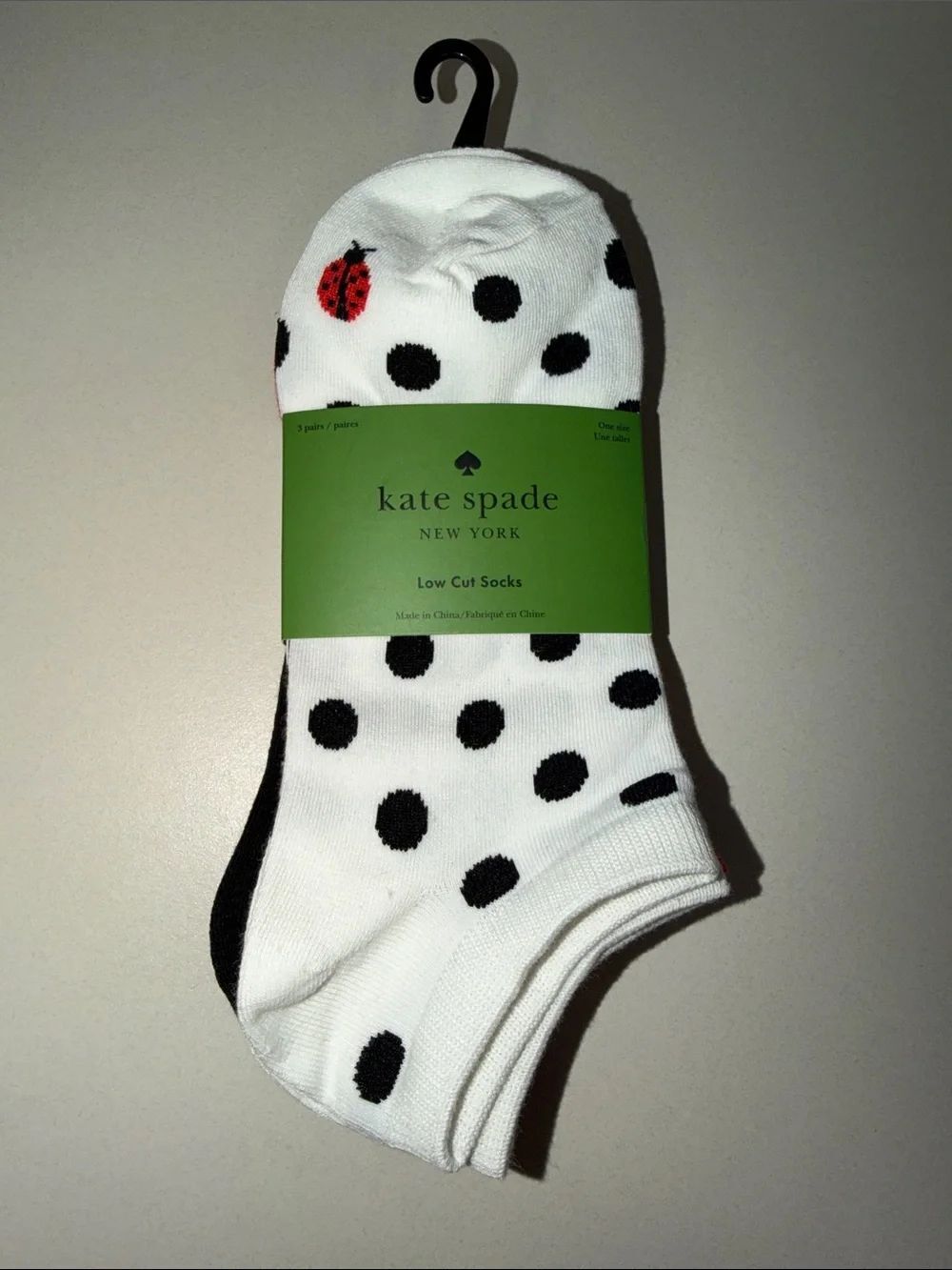 kate spade 3pk White Polka Lady Bug Red Black  head over heels Low Cut Socks